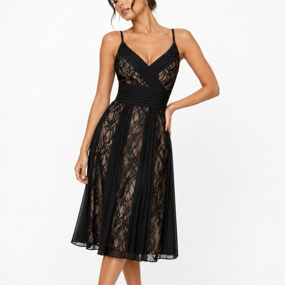 LOFT Black Lace & Chiffon Midi Dress